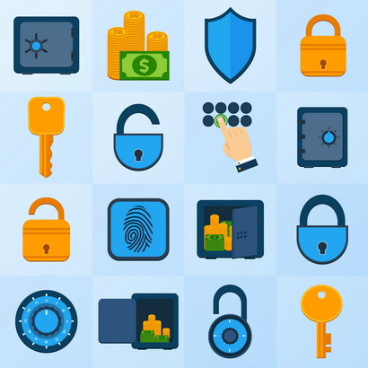 Business banking finance lock safe decorative icons set isolated vector illustration